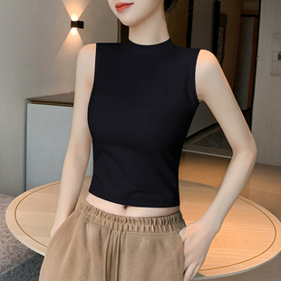 黑色半高領露臍背心女內搭夏季 純棉修身 外穿無袖 打底上衣 2025新款