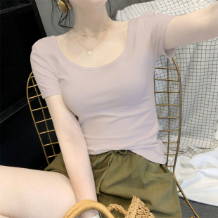 大领口纯色半袖 莫代尔短袖 修身 t恤女低领双U露背2025夏季 上衣 新款