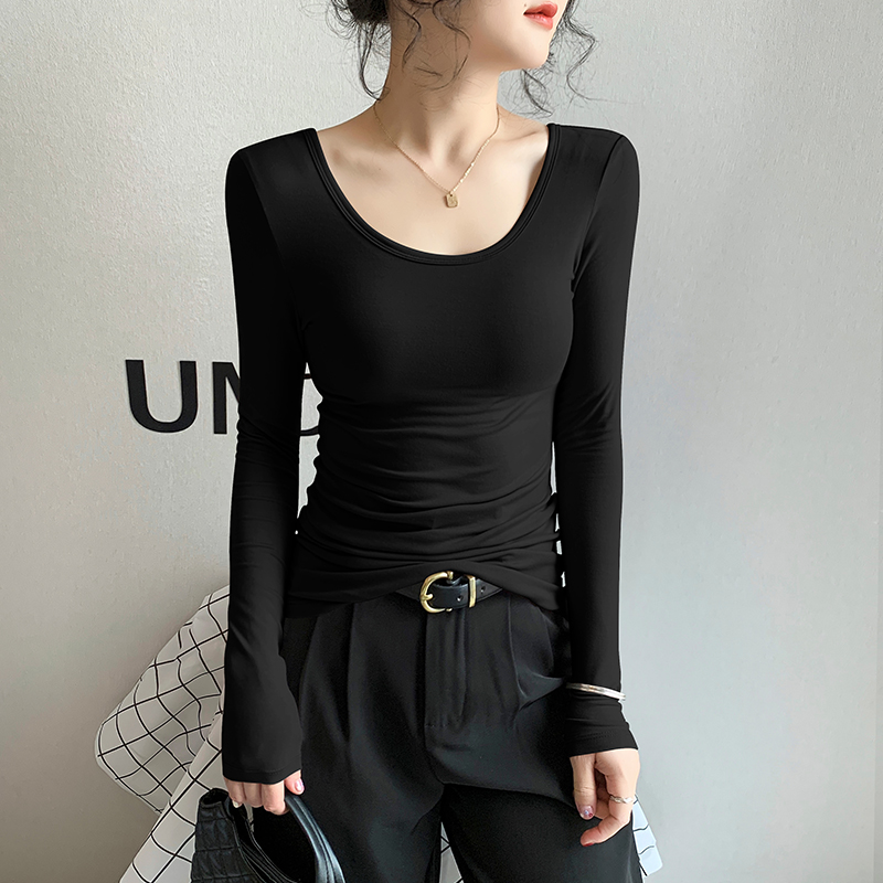 黑色双U领长袖打底衫女内搭