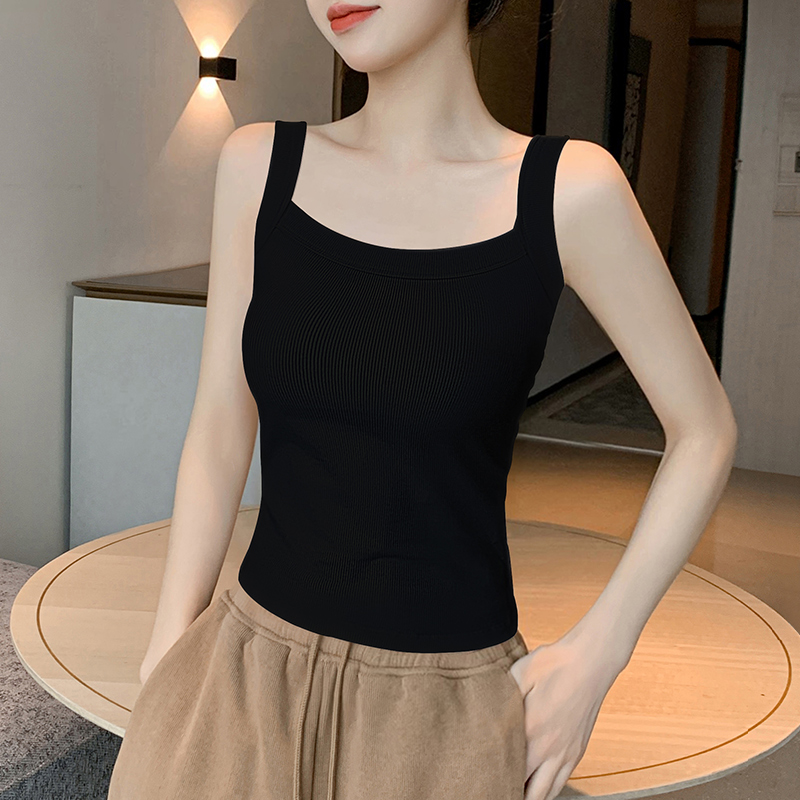 黑色方领吊带背心女内搭2025夏季新款修身带胸垫一体针织打底上衣