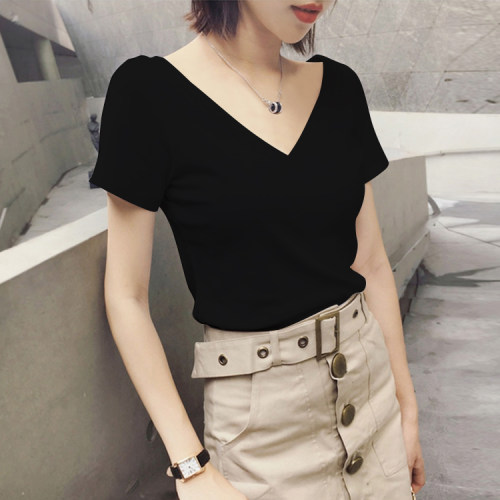 黑色短袖t恤女v领纯棉低领露背潮