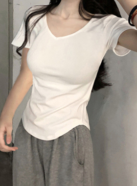 白色V领短袖T恤女2023年夏季新款港式不规则小众修身正肩打底上衣
