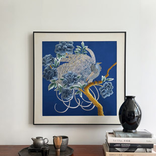 饰现代简约背景墙玄关画 牡丹花鸟吉祥寓意高级雅致装 重工刺绣