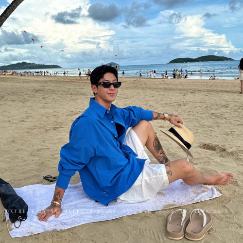 大码薄款度假冰丝防亚麻衬衫男夏