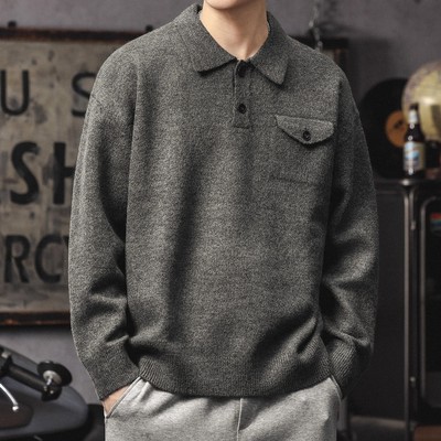大码美式POLO领毛衣男士冬季宽松