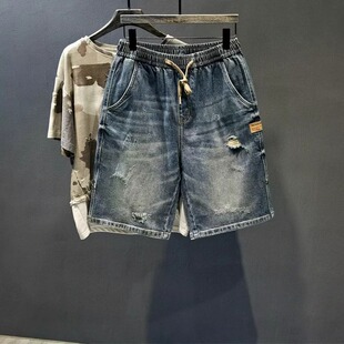 男士 休闲破洞牛仔短裤 松紧腰五分裤 夏季 大码 潮牌痞帅宽松中裤 美式