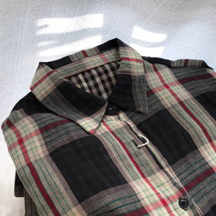 日系复古翻领开衫 大码 男女春秋新款 衬衫 衬衣 棉纱柔软拼色格纹薄款