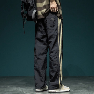 透气直筒裤 大码 薄款 男速干宽松运动裤 300斤三条杠拼接条纹休闲裤