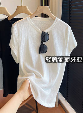 大码300斤夏季亚麻显瘦T恤