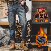 子男水洗休闲裤 大码 男秋冬加绒加厚宽松直筒潮牌裤 复古牛仔裤 美式