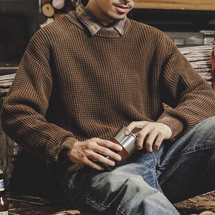 美式工装复古毛衣男重磅水洗冬季粗线阿美咔叽硬汉简约大码针织衫
