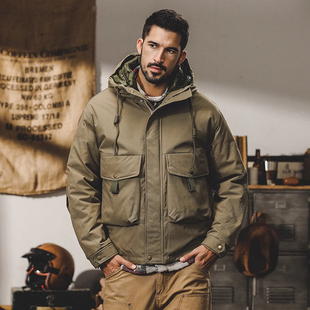 大码美式潮牌复古工装羽绒棉服男士冬季户外保暖加厚连帽短款外套