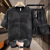 300斤夏季 潮牌破洞圆领短袖 男士 特大码 休闲半袖 套装 T恤短裤 两件套