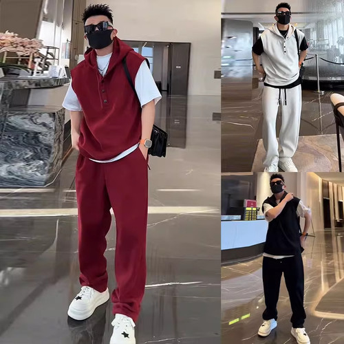 大码300斤纯色简约运动套装男