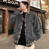 潮牌痞帅宽松外套 美式 大码 日系复古翻领假两件格子牛仔夹克男秋季
