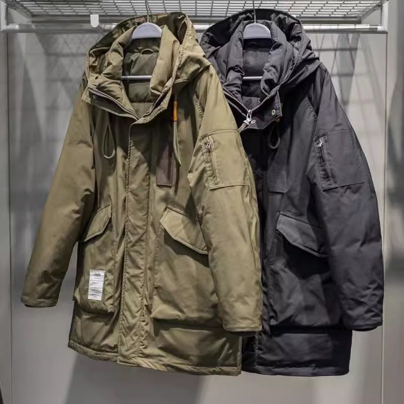 特大码加绒保暖工装羽绒服男士中长款冬季装连帽派克服加厚外套潮