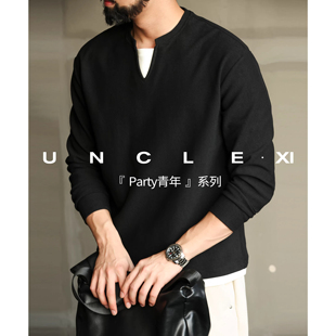 大码缎纹肌理重磅双层V型棉混纺肌理假两件t恤长袖男士休闲上衣春