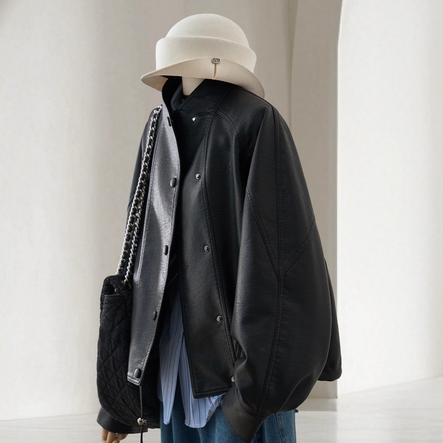 特大码300斤黑色立领PU皮外套男女秋冬美式复古宽松短款机车夹克