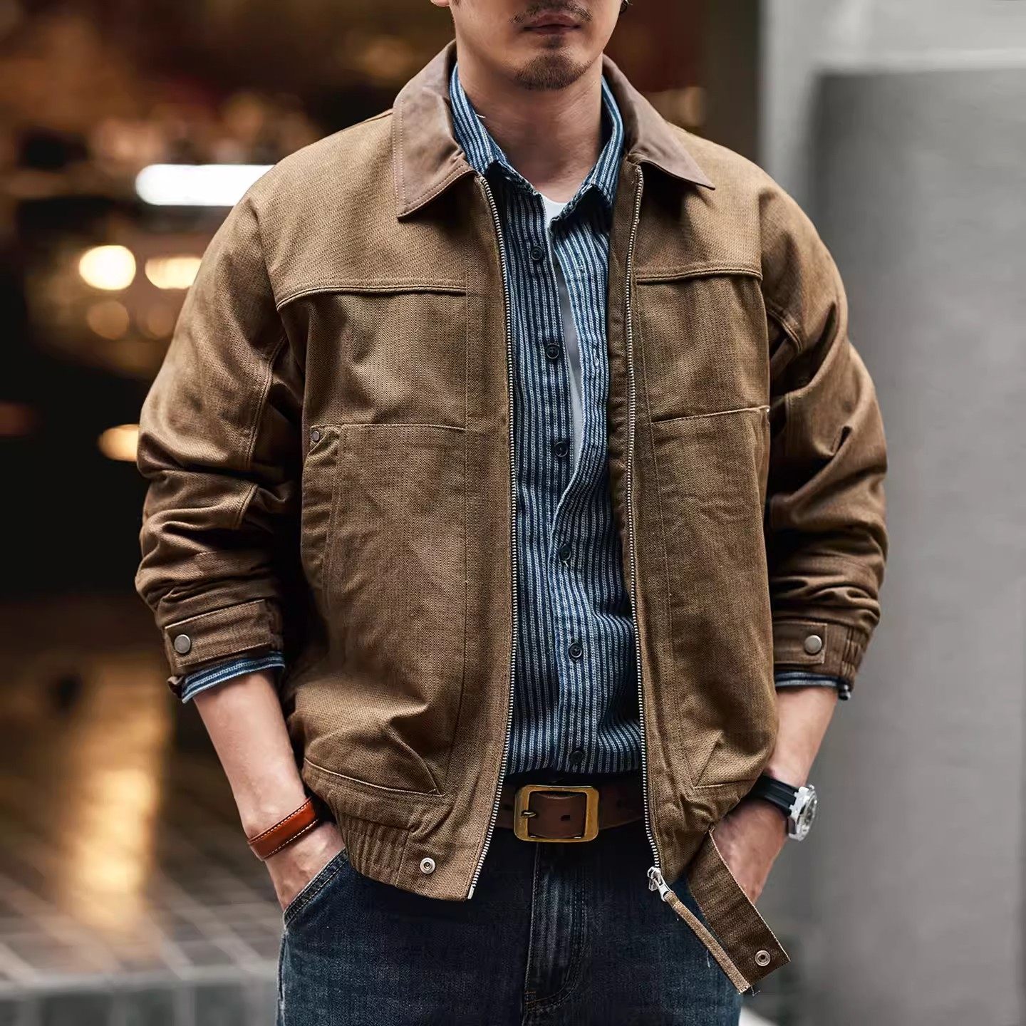 大码美式复古英伦绅士结构拼接工装夹克男春秋新款宽松休闲外套男,男装,夹克,淘宝优惠券,粉丝福利购,淘宝优惠卷