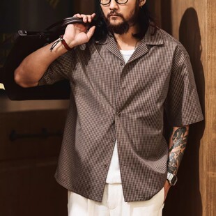 大码美式格子古巴领短袖衬衫男款夏季潮宽松速干海边度假外套衬衣