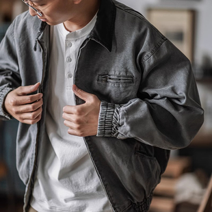 大码工装美式复古重磅圣达菲帆布夹克水洗纯棉翻领短款外套男秋季