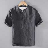 300斤复古亚麻短袖 t恤男夏季 薄款 特大码 宽松棉麻立领休闲半袖 上衣