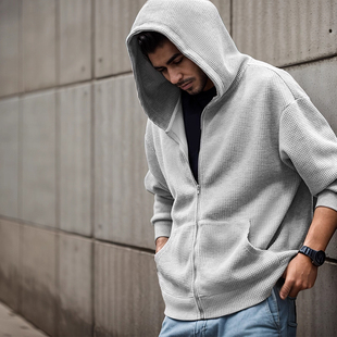 大码300斤美式复古连帽华夫格卫衣男春秋拉链开衫运动外套针织衫2