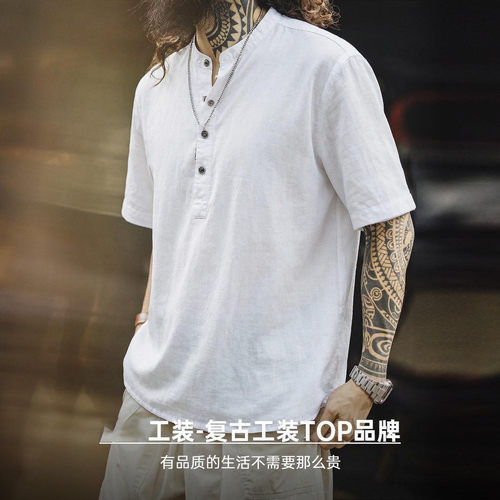 大码300斤老钱风仿麻短袖T恤男