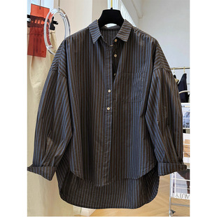 特大码300斤韩系高级感慵懒风宽松休闲条纹长袖衬衫男女秋季上衣