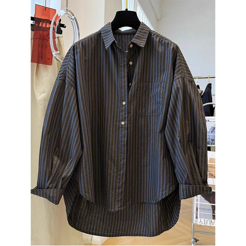 大码慵懒风宽松条纹长袖衬衫男