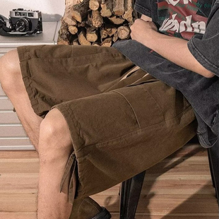 潮牌宽松直筒休闲中裤 大码 男夏拼接五分裤 短裤 300斤重磅纯棉工装