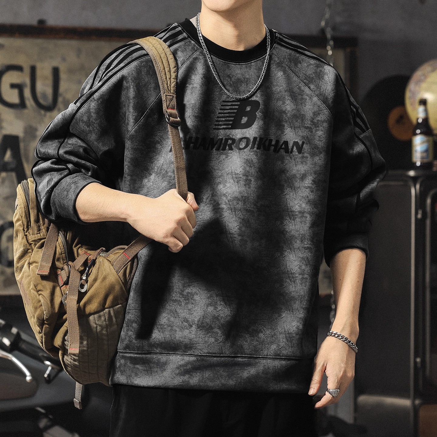 大码美式麂皮绒加绒卫衣男款