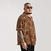 潮流体恤半袖 大码 外套上衣夏 豹纹衬衫 痞帅时尚 300斤男士 翻领短袖
