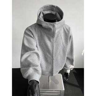 开衫 秋冬美式 外套上衣 300斤重磅解构拼接立领连帽卫衣男款 特大码