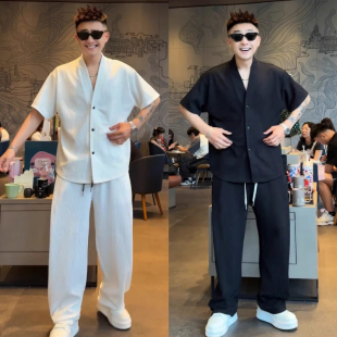 男士 V领竖纹肌理感休闲套装 短袖 开衫 两件套 特大码 休闲裤 300斤夏季