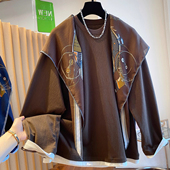 特大码 300斤高端复古丝巾披肩t恤男女长袖 宽松独特别致假两件上衣