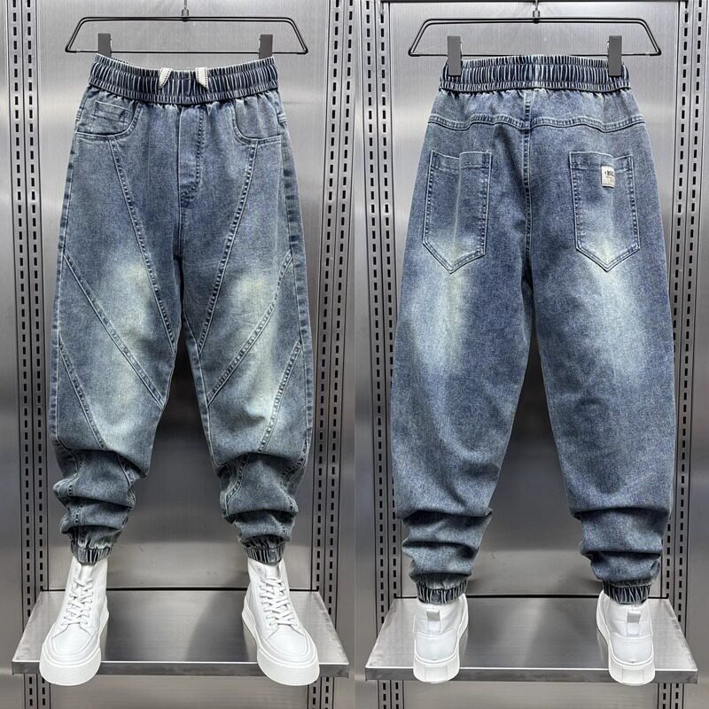 特大码300斤条纹拼接束脚牛仔裤男士夏季潮牌小脚九分痞帅哈伦裤2