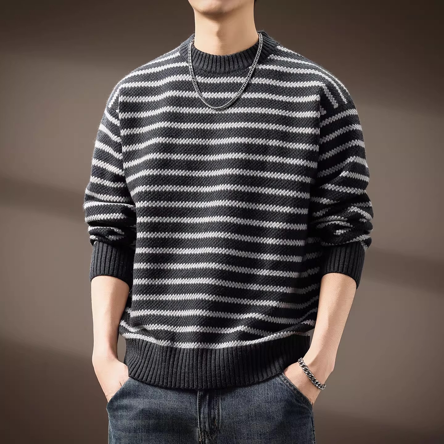 大码美式条纹针织衫男士重磅宽松圆领套头秋冬加厚百搭休闲毛衣男