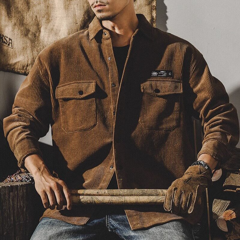 特大码300斤重磅复古条绒衬衫男