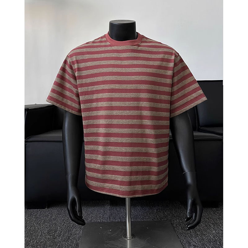 大码红色条纹拼接短袖男夏季重磅小领口纯棉t恤潮牌正肩五分半袖2