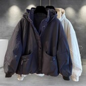 大码 300斤纯色拉链连帽棉衣服外套男秋冬加厚潮牌工装 假两件棉袄