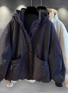 大码纯色拉链连帽棉衣服外套男