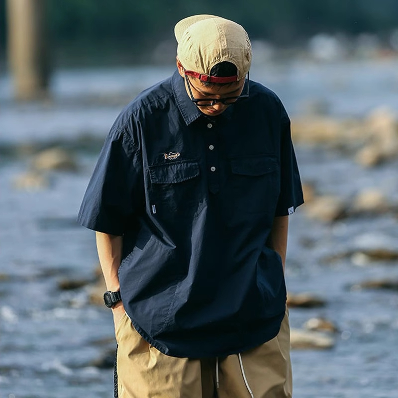 大码日系复古工装翻领短袖衬衫男