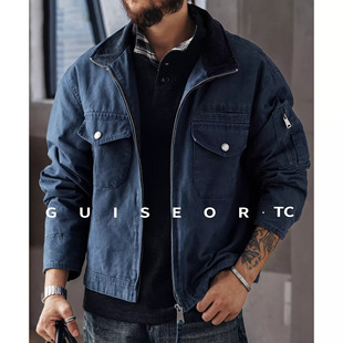 大码复古宽松珠帆法工蓝夹克男士春秋新款美式工装做旧休闲外套男