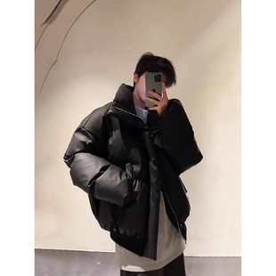 特大码300斤短款羽绒棉服男冬季立领pu皮面包服高街工装美式外套