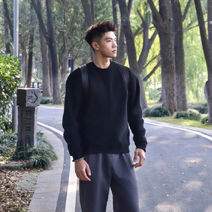 大码300斤黑色重磅美式圆领卫衣男款春秋季内搭小领口长袖打底衫