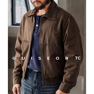 大码巴安油蜡皮洗褪夹克外套男士美式工装春秋新款宽松翻领上衣男