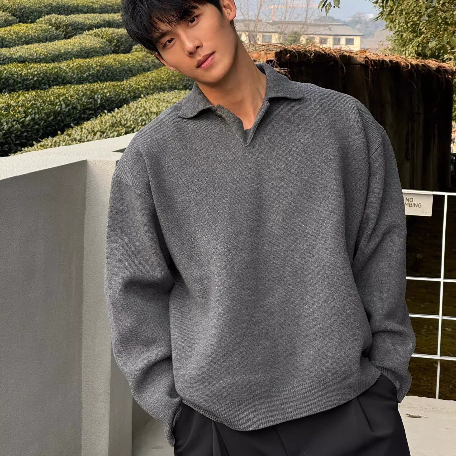 大码300斤秋冬老钱风小翻领短款毛衣男POLO领针织打底衫上衣宽松