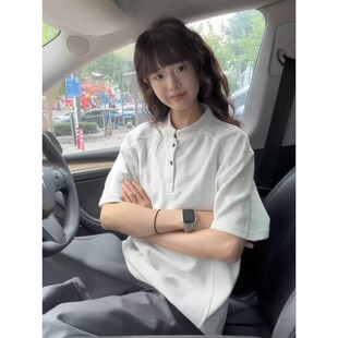 男女高级感美式 大码 300斤亨利领短袖 polo衫 正肩t恤boxy拼接半截袖