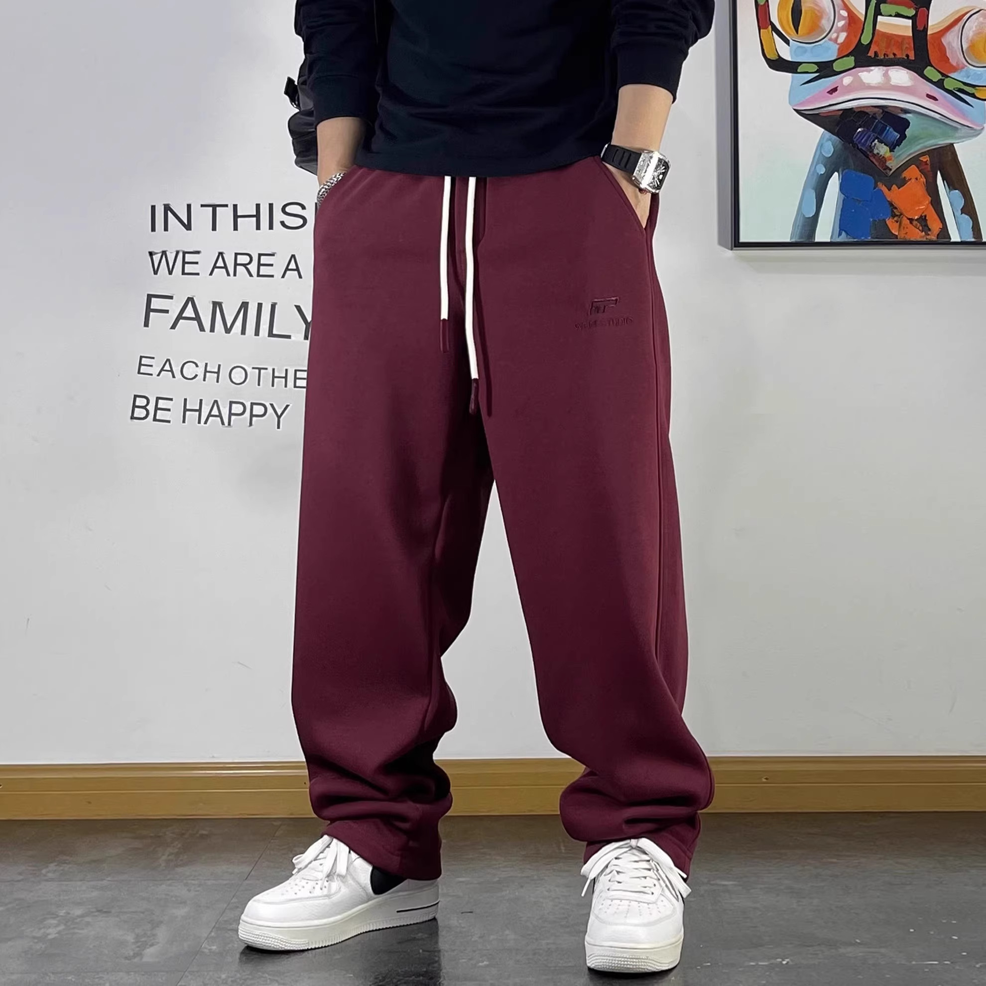 大码300斤美式复古卫裤男秋冬宽松抽绳字母刺绣加厚直筒运动长裤,男装,休闲裤,淘宝优惠券,粉丝福利购,淘宝优惠卷